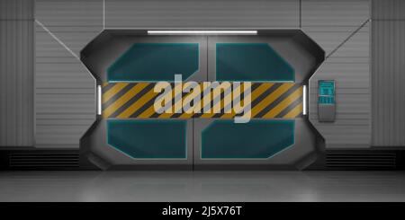 Portes coulissantes en métal futuriste avec ruban à rayures d'avertissement. Vecteur intérieur réaliste de couloir vide dans vaisseau spatial. Porte fermée avec verrouillage par code de sécurité Illustration de Vecteur