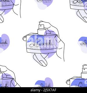 Arrière-plan modèle sans couture avec une bouteille de parfum dans les mains d'une fille. Formes abstraites violettes avec lettrage Lavender. Illustration de Vecteur