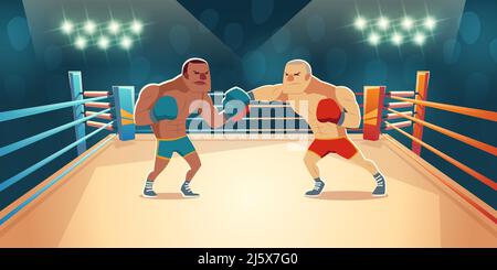 Les boxeurs qui se battent sur la piste, les adversaires en short bleu et rouge et les gants se battent sur l'arène avec des spots et des cordes. Match de présentation de lutte, compétition Illustration de Vecteur