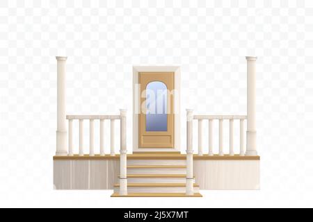Porte avant en bois avec fenêtre en verre et escalier avec balustrade et piliers décoratifs. Vector Realistic 3D extérieur de l'entrée de la maison isoler Illustration de Vecteur