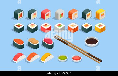 Petits pains de sushi isométriques au saumon, avocat, fromage à la crème. Set de fruits de mer, rouleaux isolés sur fond blanc. Menu sushi. Cuisine japonaise. Illustration de Vecteur