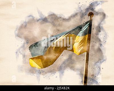 Peinture aquarelle du drapeau ukrainien agitant dans le vent. Banque D'Images