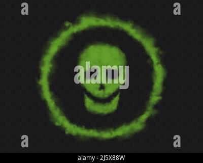 Signe vert du crâne de fumée dans le cercle. Mauvaise odeur de nuages de vapeur toxique chimique ou de gaz d'entaille en forme de squelette humain visage. Symbole de danger d'avertissement isol Illustration de Vecteur