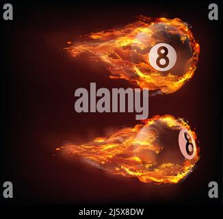 Boule de billard noire volante huit au feu isolée sur fond noir. Vector Realistic pool ou snooker ball avec le numéro 8 dans la flamme avec des étincelles. Modèle Illustration de Vecteur