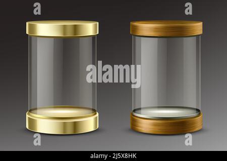 Capsule cylindrique vide, vitrine transparente avec bouchons en bois et dorés. Maquette vectorielle de boîtes rondes avec spots, support circulaire vierge, plate-forme pour exh Illustration de Vecteur