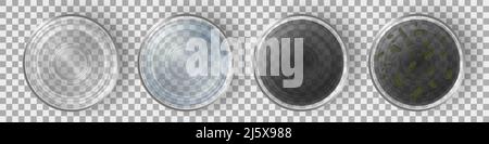 Verres avec eau propre et sale ensemble de vue de dessus. Liquide filtré et contaminé avec des bactéries et des microbes isolés sur fond transparent, pollu Illustration de Vecteur