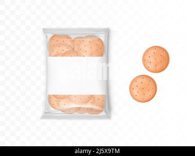 Emballage en plastique transparent avec craquelins ronds. Maquette vectorielle avec cookies réalistes en paquet et deux biscuits isolés sur fond transparent Illustration de Vecteur