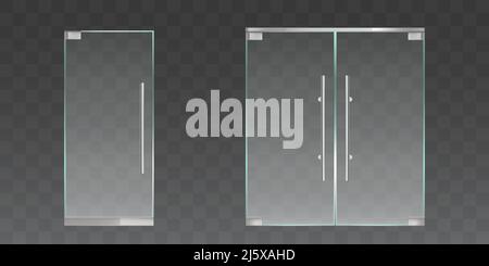 Portes vitrées transparentes pour le bureau ou l'atelier isolées sur un fond transparent. Ensemble vectoriel réaliste de portes simples et doubles avec cadre et poignées en métal. Illustration de Vecteur