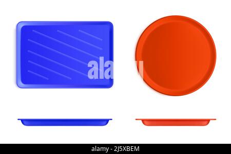 Vue avant et de dessus du plateau alimentaire en plastique vide. Maquette réaliste vectoriel de rectangle bleu et de salver rond rouge en styromousse pour le déjeuner, fastfood isolé sur W Illustration de Vecteur