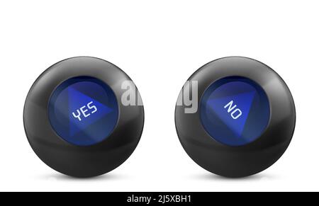 Boule magique de prédictions pour la prise de décision avec Oui et non réponse. Prévoir oracle pour les questions. Sphères noires vectorielles réalistes avec triangle bleu Illustration de Vecteur