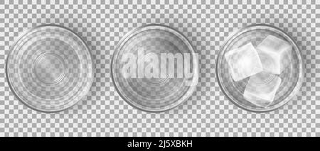 Vue de dessus de verres vides et pleins d'eau isolés sur fond transparent. Tasses en cristal clair et réaliste Vector avec boisson pure et glaçons. Définir Illustration de Vecteur