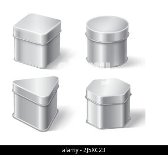 Boîtes en métal pour café, thé ou bonbons. Maquette de boîtes rondes, carrées, triangulaires et hexagonales vectorisées pour l'emballage de produits secs, bisc Illustration de Vecteur
