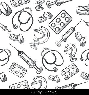 Seamless background d'articles médicaux du phonendoscope comprimés et la seringue d'illustration vectorielle isolés Illustration de Vecteur