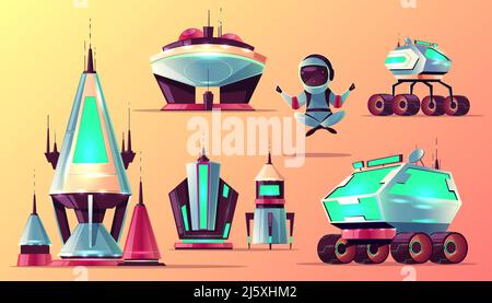 L'espace futur explorant les technologies, planètes colonisation architecture caricature ensemble d'icônes vectorielles. Starnavires futuristes, bâtiments de stations spatiales, astro Illustration de Vecteur