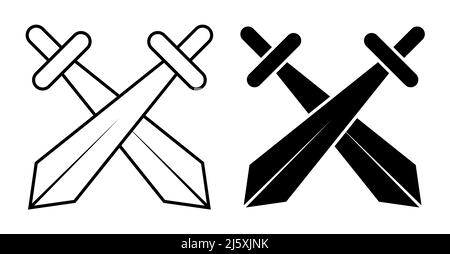 Icône linéaire, abide de épées croisées. Tournoi, début du duel médiéval. Vecteur noir et blanc simple isolé sur fond blanc Illustration de Vecteur