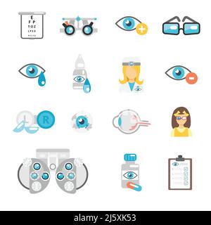 Oculiste plat icônes ensemble avec lunettes lentilles oeil-globe isolé illustration vectorielle Illustration de Vecteur