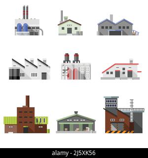 Usine électricité industrie de l'électricité bâtiments de fabrication plat décoration icônes ensemble illustration vectorielle isolée Illustration de Vecteur