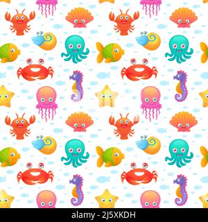 Jolie collection de personnages de dessins animés pour animaux de mer pour dortoir d'enfants papier peint décoratif tiléable abstrait illustration vectorielle sans couture Illustration de Vecteur