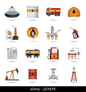 Industrie pétrolière traitement du carburant de pétrole transport et d'extraction icônes ensemble illustration vectorielle isolée Illustration de Vecteur