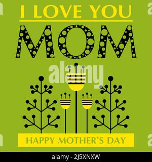 Carte de vœux de fête des mères avec fleurs de style minimaliste et lettrage Happy Mothers day. Carte jaune et noire, poste ou banque. Carte de vœux pour maman Illustration de Vecteur