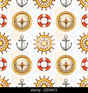 Symboles marins modèle sans couture avec bouée de sauvetage d'ancrage de volant et illustration du vecteur de boussole Illustration de Vecteur
