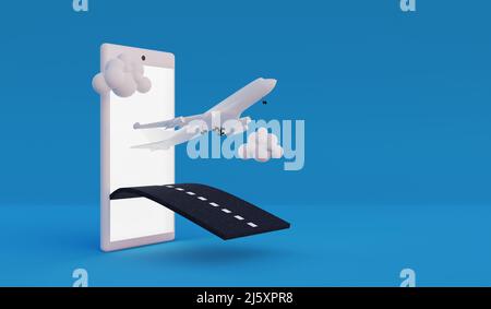 Avion survolant la piste depuis le smartphone sur fond bleu. 3d rendu Banque D'Images