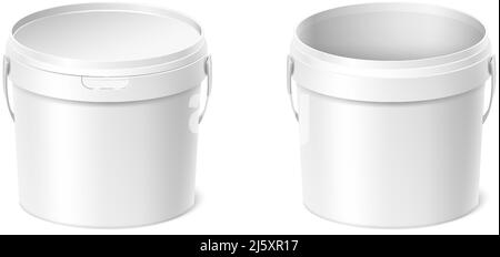 3d ensemble d'icônes vectorielles réalistes. Seau en plastique blanc avec couvercle, ouvert et fermé. Illustration de Vecteur