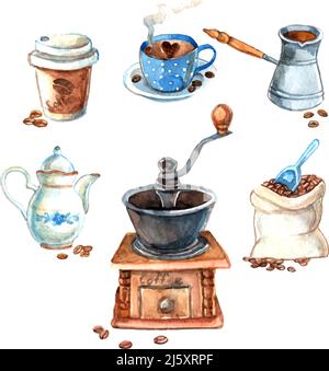 Ensemble de café à l'aquarelle décoratif vintage dessiné à la main avec laitque Le moulin à café et à grains imprime le vecteur illustrationŒ Illustration de Vecteur