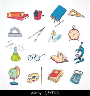 Éléments d'éducation scolaire icônes ensemble avec microscope dessin compas papeterie illustration vectorielle isolée Illustration de Vecteur