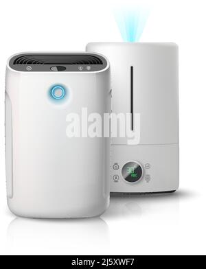 3d ensemble d'icônes vectorielles réalistes. Purificateur d'air, isolé sur fond blanc. Appareil de nettoyage et d'humidification de l'air pour la maison. Illustration de Vecteur