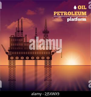 Bâtiment de plate-forme de mer de pétrole avec coucher de soleil sur fond vectoriel illustration Illustration de Vecteur