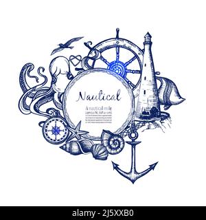 Symboles de la mer nautique composition motif Doodle avec compas d'ancrage et phare en bleu marine résumé illustration de vecteur Illustration de Vecteur