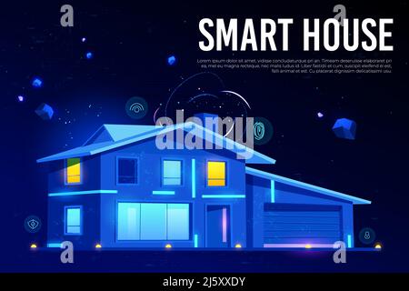 Bannière Web Smart House. Maison avec technologie de l'intelligence artificielle, design moderne et services Internet des objets sur le néon luminescent backgroun Illustration de Vecteur