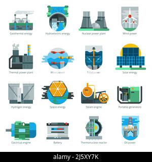 Icônes plates de production d'énergie avec production de carburant et d'électricité illustration vectorielle isolée Illustration de Vecteur