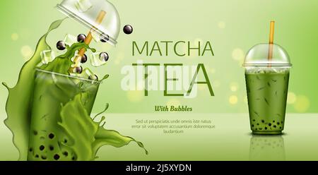 Bannière maquette thé vert Matcha avec bulles et glaçons. Boisson froide éclabousse dans un gobelet en plastique à emporter avec un bouchon et de la paille. Pub pour des boissons saines Illustration de Vecteur