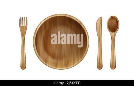 Assiette en bois, fourchette, cuillère et couteau vue sur le dessus isolée sur fond blanc, table avec plat en bois rond vide pour la nourriture et couverts en natur Illustration de Vecteur