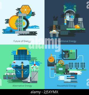 Ensemble de conception de production d'énergie avec fabrication de combustible et d'électricité icônes plates illustration vectorielle isolée Illustration de Vecteur