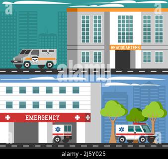 Premiers secours de l'hôpital et véhicules d'urgence du quartier général du département militaire 2 bannières horizontales plates composition abstrait illustration vectorielle isolée Illustration de Vecteur