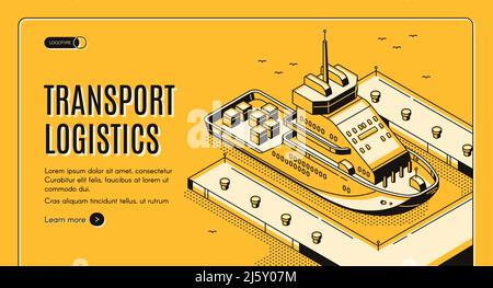 Logistique de transport page d'accueil isométrique, compagnie de service de livraison de port de navire, transport de marchandises et de marchandises, exportation, importation dans le monde entier, industriel Illustration de Vecteur