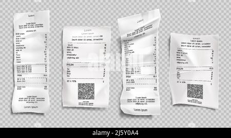 Facture de reçu, factures papier avec codes qr pour le jeu de balayage isolé sur fond transparent. Contrôle de vente au détail et coût total du magasin sal Illustration de Vecteur