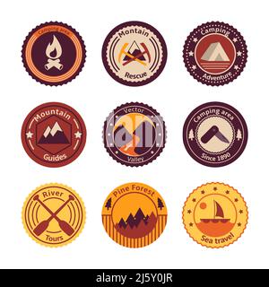 Tourisme Plein air camping télévision Set de badges de la montagne et de la nature de la route d'arbre isolé vector illustration Illustration de Vecteur