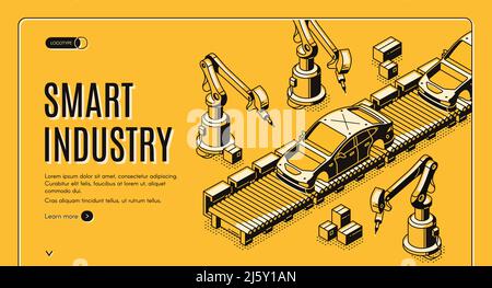 Page d'accueil isométrique de l'industrie intelligente, les robots assemblent la voiture sur le tapis convoyeur. Technologie d'innovation et processus d'automatisation en usine dans la fabrication Illustration de Vecteur