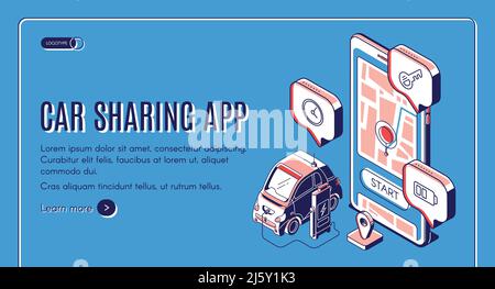 Page d'accueil isométrique de l'application de partage de voiture. Service mobile pour les transports en ville, le partage de voitures en ligne, le chargement automatique sur un immense smartphone avec marquage gps sur les Illustration de Vecteur