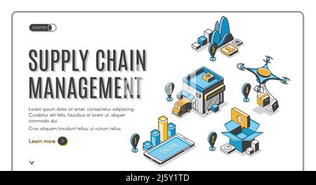 Page de renvoi isométrique de la gestion de la chaîne d'approvisionnement. Étapes de logistique de drone et de transport de cargaison. Processus de livraison des marchandises, exportation, importation dans le monde entier, glob Illustration de Vecteur