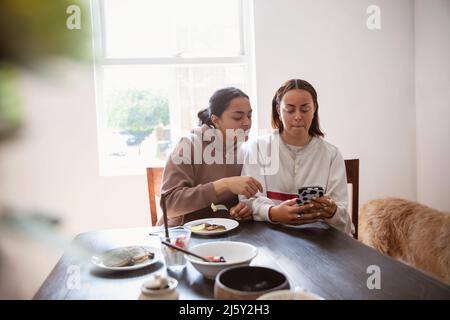 Jeunes sœurs adultes utilisant un smartphone à la table à manger Banque D'Images