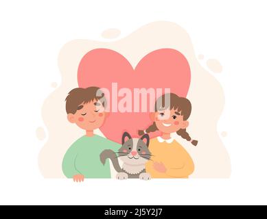 Concept enfants heureux. Garçon et fille avec chat et un coeur énorme. Illustration vectorielle mignonne de style dessin animé plat Illustration de Vecteur