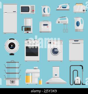 Ensemble d'icônes d'appareils ménagers avec réfrigérateur à micro-ondes et aspirateur sur fond bleu, illustration vectorielle isolée plate Illustration de Vecteur