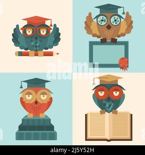 Hibou de couleur plate en bonnets de graduation avec livres et diplôme illustration vectorielle isolée de l'ensemble de silhouettes Illustration de Vecteur