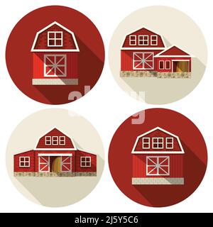 Bâtiments de ferme maisons de campagne et entrepôts plates icônes ensemble isolé illustration vectorielle Illustration de Vecteur