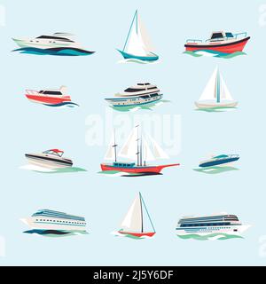 Bateaux de croisière mer de voyage yacht à moteur bateaux plates icônes jeu avec illustration vectorielle isolée abstraite de fraise à jet Illustration de Vecteur